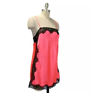 Vintage Y2K Victoria's Secret Hot Pink Slip Dress Size M Black Lace Satin - Picture 1 of 10