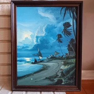 Vintage Original Oil on Canvas Asian Water Landscape Signed "69" - Picture 1 of 6