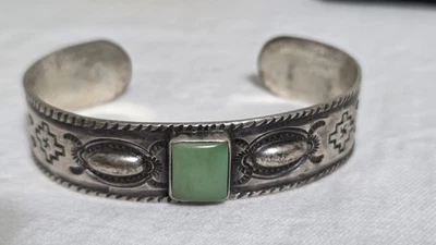 Vintage Fred Harvey Era Navajo Stamped Sterling Turquoise Cuff Bracelet 1940's  - Image 1 of 4