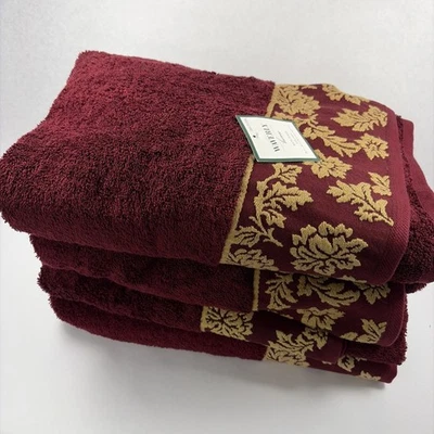 Juego de 4 toallas de baño Waverly Home - Borgoña con acento bordado floral dorado - NUEVO Foto 1 de 4