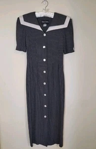 Sharon Young Vintage Button Up Dress Padded Shoulders Sailor Collar - Picture 1 of 6