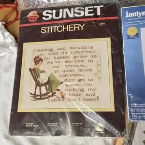 Vintage Sunset Stitchery Babys Don't Keep Kit Wolle 11X14 Lynn Davis #2654 1977 - Bild 1 von 12