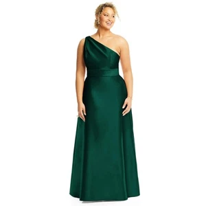 Alfred Sung Hunter Green One-Shoulder Satin Twill A-Line Maxi Gown Plus 16 NWT - Picture 1 of 14