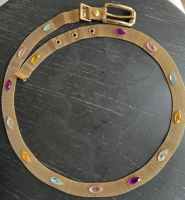 Винтажный многоцветный сетчатый ремень со стразами, максимальная длина 34 дюйма, ширина 3/4 дюйма, золотистый цвет - Изображение 1 из 4