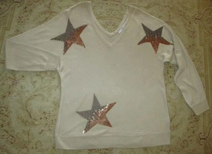 Next Beige Star Embellished Long/S V Neck  Jumper M - Picture 1 of 4