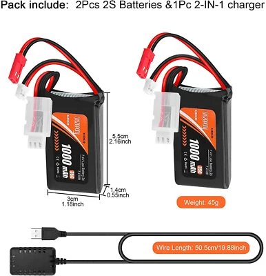 2 Stücke 7,4V 1000mAh batterie 2S Lipo Akku mit 2 in 1 USB-Ladegerät für RC-Auto - Bild 1 von 4