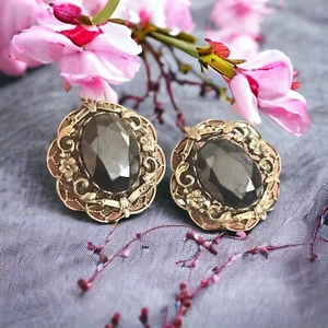 ORECCHINI VINTAGE CLIP VITTORIANA TONO ORO FILIGRANA VETRO EMATITE - Foto 1 di 14