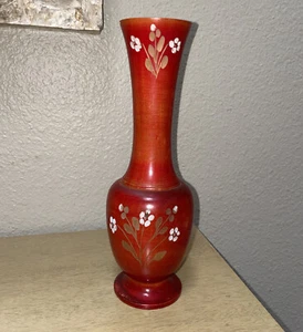 CARVED LACQUERED RED WOODEN VASE Large Red Flowers Leaves Oriental Turned - Picture 1 of 11