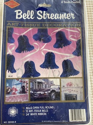 12 Blue Bell Streamer Art Tissue Decoration Of 12 With 24’ White Ribbon - Image 1 of 2