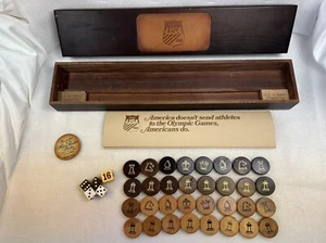 Vintage 1980 USA Olympics Wood Box Case Backgammon Checkers Chess Set - Picture 1 of 11
