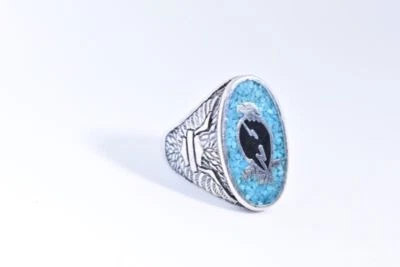 1980's Vintage Silver White Bronze 11.25 Men's Hawk Real Turquoise Inlay Ring - Image 1 of 4