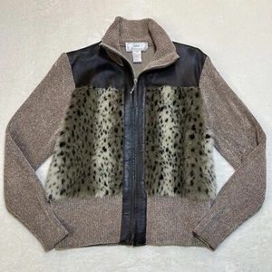 Lisa International Knit Sweater Jacket Brown Striped Faux Fur Women’s M Lined - Picture 1 of 9