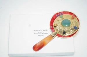 Vintage Chinese Trade Carnelian Jade Lapis Cabochon Gemstone Hand Travel Mirror - Picture 1 of 11