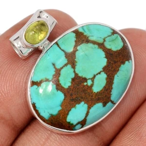 Natural Spider Web Turquoise - Tibetan & Peridot 925 Silver Pendants CP73976 - Picture 1 of 1