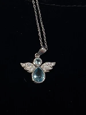 Angel Pendant Necklace With Simulated Blue Stone And Cubic Zirconia MRSP $90 - Image 1 of 4