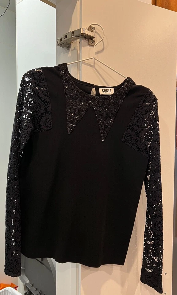Top manga larga SONIA RYKIEL MANGAS de encaje negro con cuentas CUELLO TALLA/M FUNCIONA PEQUEÑO Foto 1 de 1