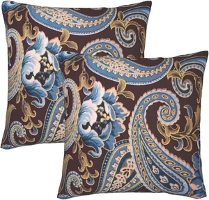 Set of 2 Throw Pillow Covers Blue Floral Brown Spirals Vintage Paisley Case Soft - Picture 1 of 12