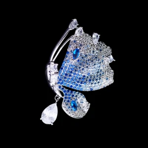White Gold Plated Blue Cubic Zirconia CZ Butterfly Insect Brooch Pin - Picture 1 of 3