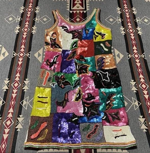 Vintage Frank Usher Heavy Beaded & Sequinned 100% Silk Dress Size S 80s 90s T32 - Picture 1 of 9