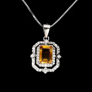 925 Sterling Silver Necklace Octagon Citrine Natural Gemstone Jewelry 18 Inch - Picture 1 of 13