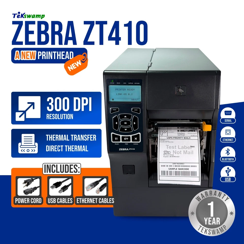 NEW PRINTHEAD Zebra ZT410 Thermal Label Printer 300 dpi Peel Rewind 1YR WARRANTY - Image 1 of 4