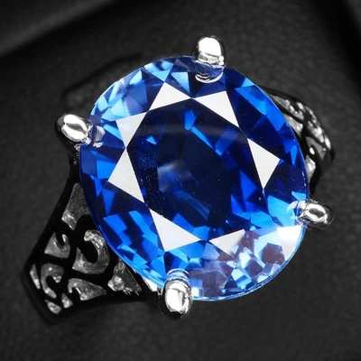 Brillantes anillos de oro blanco de plata de ley 925 ovalados de zafiro azul real de 9,25 quilates Foto 1 de 4