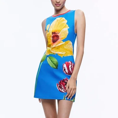 Alice + Olivia Wynell Le Parisien A Line Mini Dress Blue Yellow Floral 4 - Image 1 of 4