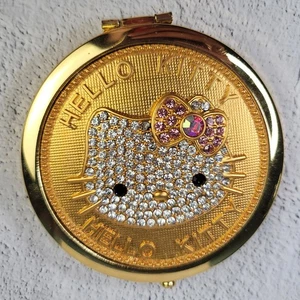 Hello Kitty Gold Tone Compact Rhinestone Crystal Mirror Pink Bow - Picture 1 of 4