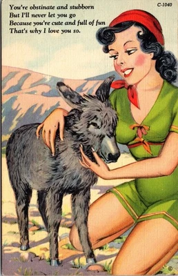 Pinup Girl with Burro Curt Teich Nature Comics Lino Postal C-1040 1939 Foto 1 de 2