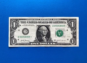 D 00058909 * : 500K STAR NOTE $1 One Dollar Bill (Cleveland / D / 4) - Picture 1 of 2