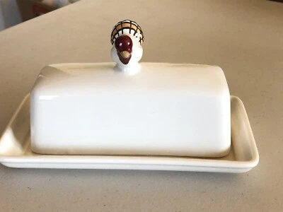 POTTERY BARN CERAMIC GOBBLE COVERED BUTTER DISH WITH TURKEY KNOB - Image 1 of 4