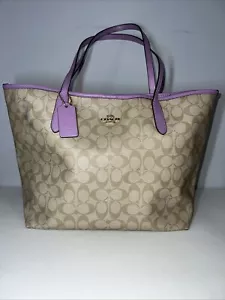 Coach Reversable City Tote Large Light Brown/ Purple Other Side Navy - Picture 1 of 18