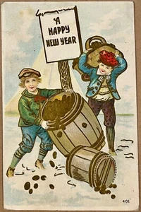 New Year Victorian Boys Barrels of Gold Embossed Antique Postcard c1910 - Picture 1 of 6
