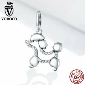 Voroco Real .925 Sterling Silver Charm Dangle CZ Poodle Silhouette Fit Bracelet