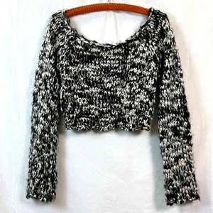 Guess Jeans Sweater Womens Sz M Black/Ivory LS Chunky Knit Crop Wool Blend - Foto 1 di 10