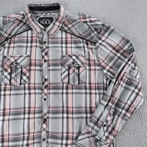 Buckle Black Button Up Shirt Mens XXL Gray Plaid Athletic Fit Long Sleeve Button - Picture 1 of 24