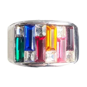 18 KGE Rhodium Plated Ring Size 8 Rainbow Multicolor Baguette Rhinestone Silver - Picture 1 of 7