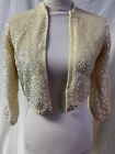 Vintage 40s 50s Ivory Iridescent Sequin Open Front Cropped Sweater Jacket S/M 