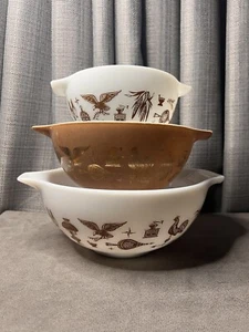 VTG Pyrex EARLY AMERICAN Brown Gold Cinderella Mixing Bowls 441 442 443 Lot - Picture 1 of 24