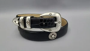 1996 Silver Star Belt Genuine Italian Calfskin Croc Embosed Black Leather Sz 32" - Picture 1 of 12