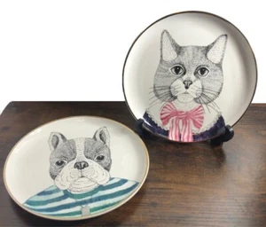 2 Pier 1 Imports Discontinued Book Club Fine China Plates Cat/French Bulldog NWT - Picture 1 of 12