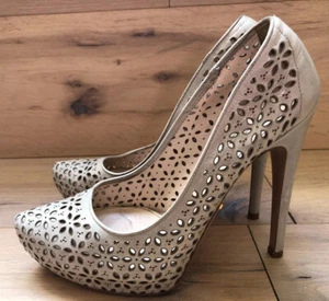 PRADA Nude Beige Leather Laser Cut Stiletto Platform Heels Pumps EUR 37.5 US 7 - Picture 1 of 12