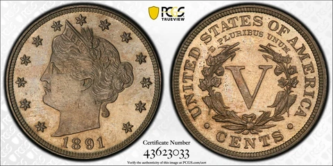 1891 Proof Liberty Head V Nickel PCGS PR-64 Cover