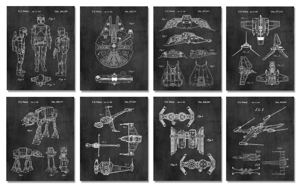 Set of 8 Star Wars 8x10 Patent Prints Starwars Wall Art Decor Posters Gifts Men - Image 1 of 4