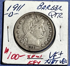 1911 D Barber Quarter Silver 25c Fine Condition SEMI KEY DATE - Bild 1 von 2