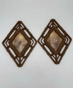 Home Interiors 2 Diamond Shaped Frames Faux Bamboo Homco Vintage 70s - Picture 1 of 4