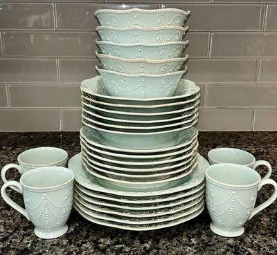 Lenox French Perle Ice Blue Dinnerware Set 27Pc Embossed Scroll Scalloped Edge - Image 1 of 4