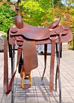 17" Calvin Allen Saddle, Roughout Basketweave Leather ~ Cutting Reined Cowhorse - Image 1 of 4