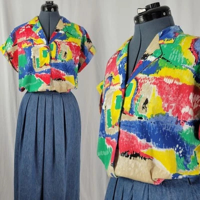 Top vintage Ecco Bay rojo/amarillo/verde/azul/bronceado S/S abotonado talla mediana Foto 1 de 4