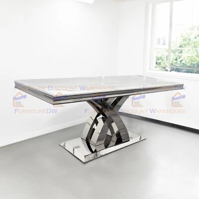 FURNITUREDW Milan 180x90cm White Marble Dining Table Luxury Double X Leg Chrome Stand Base